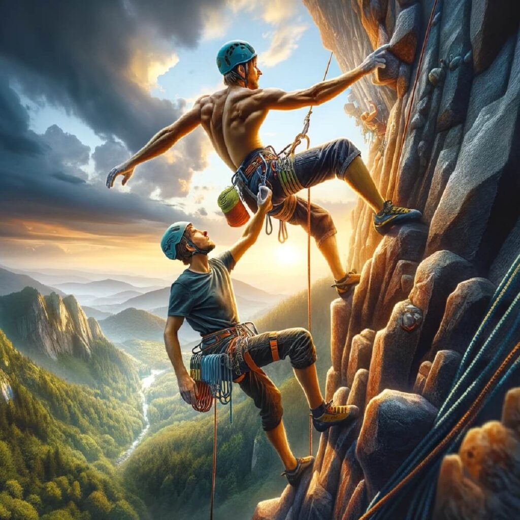 DALL·E 2024 03 26 09.30.58 Create a detailed and vibrant image of two climbers on a challenging rock face. One climber is reaching upwards towards a hold stretching with determ