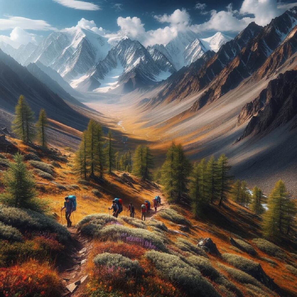 DALL·E 2024 03 27 10.04.09 A serene and breathtaking landscape depicting a hiking scene in the Altai Mountains of Mongolia. The image features rugged snow capped peaks under a