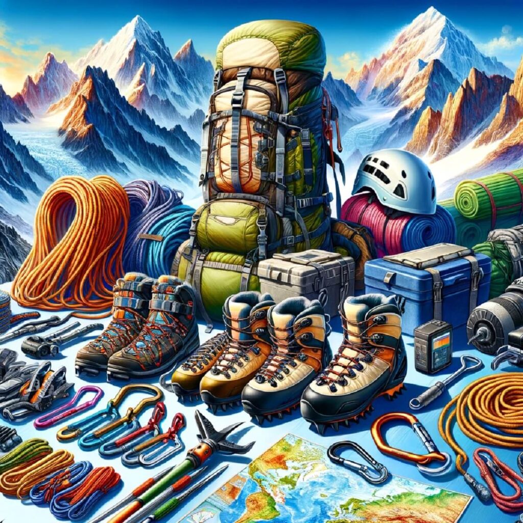 DALL·E 2024 03 27 14.04.07 A vibrant and detailed scene showcasing an array of essential mountaineering equipment laid out in an organized manner against a backdrop of a breath