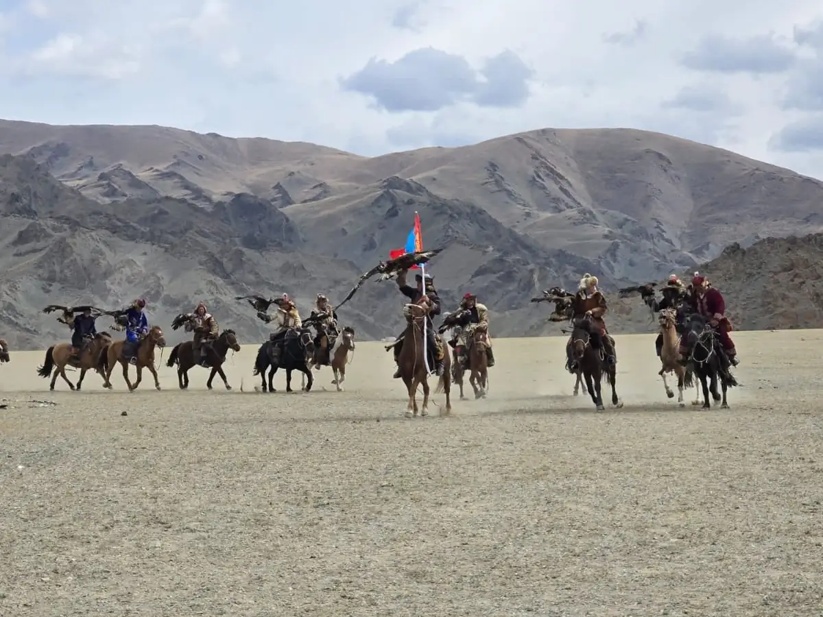 Day 3: the parade of eagle hunters on horseback at the Golden Eagle Festival grounds, Shar Nuur